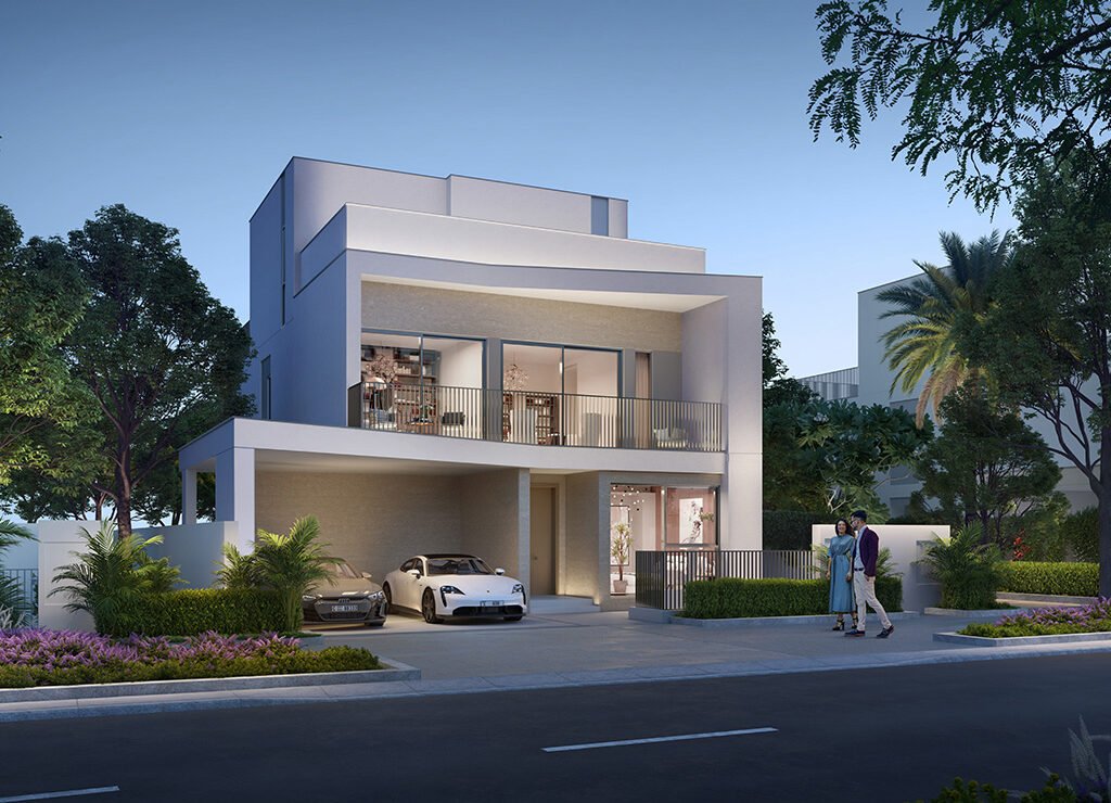 a modern house with a car parked in front of it