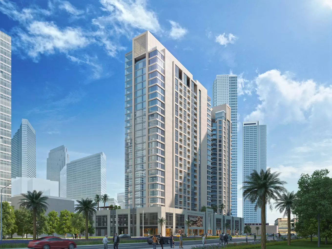 a group of tall buildings sitting next to a lush green park