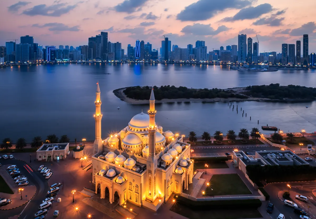 an aerial view of a city and a large body of water