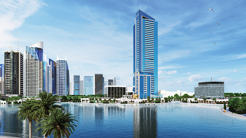 a large body of water surrounded by tall buildings