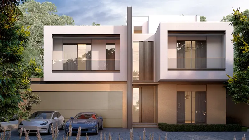 two cars parked in front of a two story house