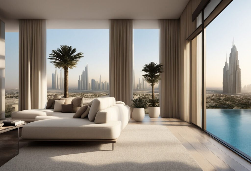 a living room filled with furniture and a large window